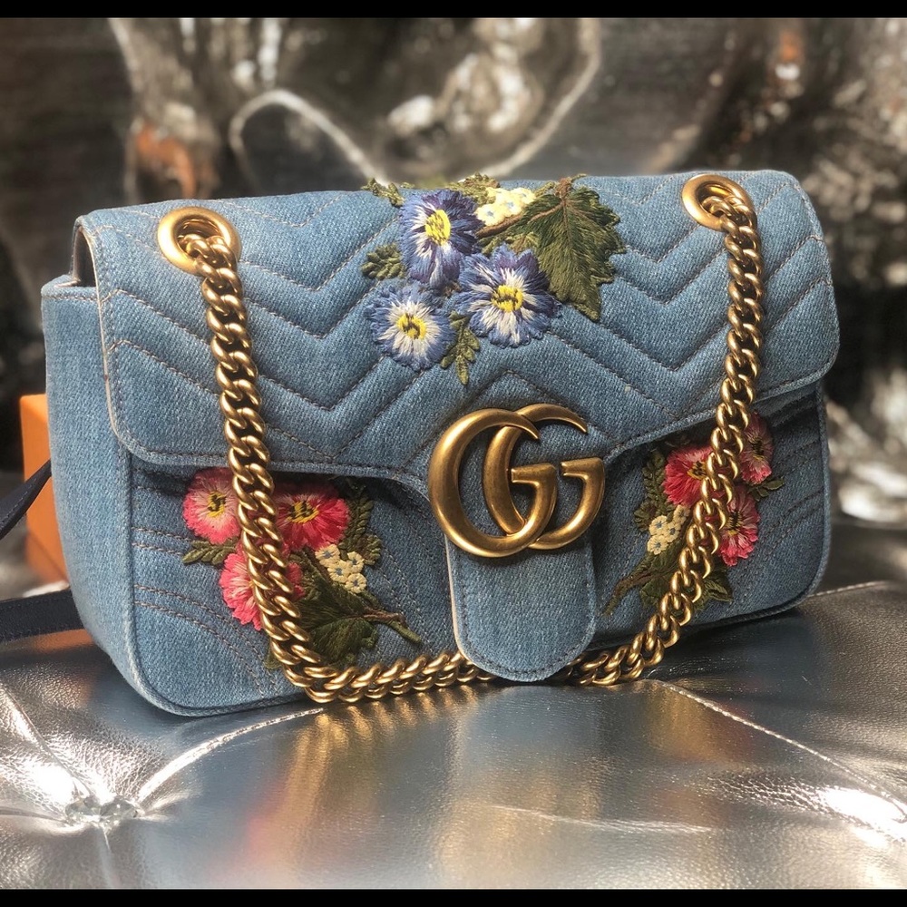 Gucci Marmont Matelasse Floral Gg Blue Bag